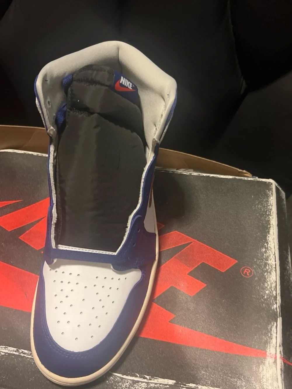 Nike Men’s White and Navy High-Top Sneakers with Black Swoosh